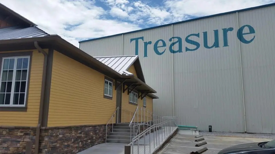 New seamless gutters above entrance of Treasure Island Marina office.